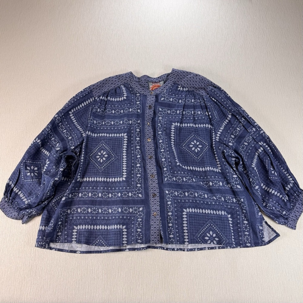Johnny Was "Patched Ikat" 100 % Linen Button Top Blouse Blue Size L Boho Coastal